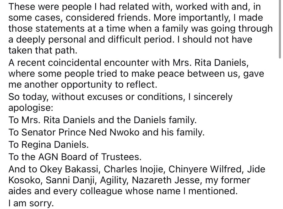 Ex AGN President, Emeka Rollas tenders apology to Regina Daniels, her mum Rita Daniels and Senator Ned Nwoko
